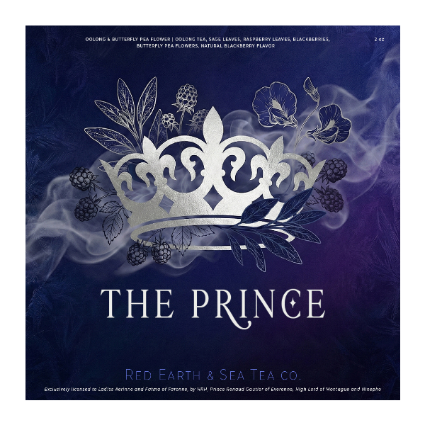 Tea packaging with a silver crown design and 'The Prince' text on a dark blue background.